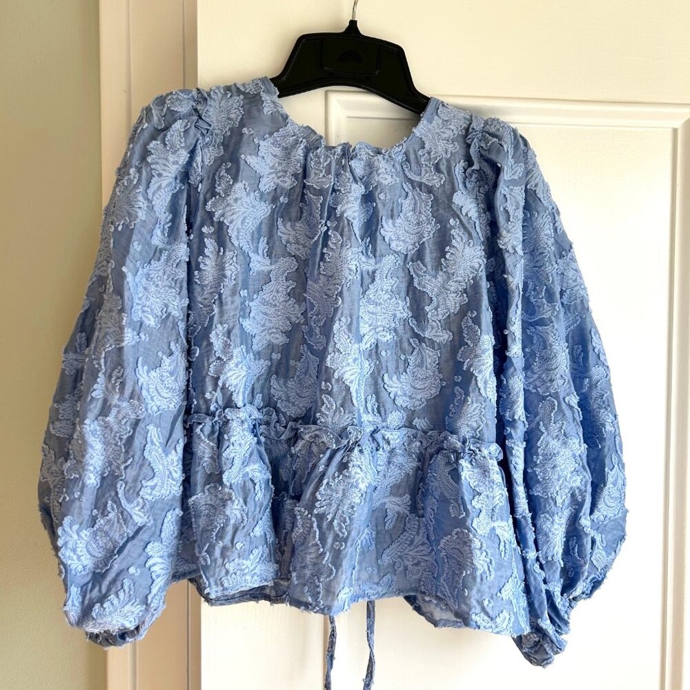 Free People blue Peplum Puff Sleeve-tied Back Medium